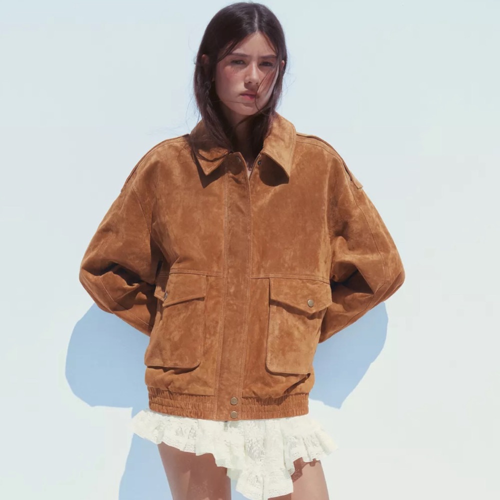 Zara Bomber Suede Leather Jacket with Pockets